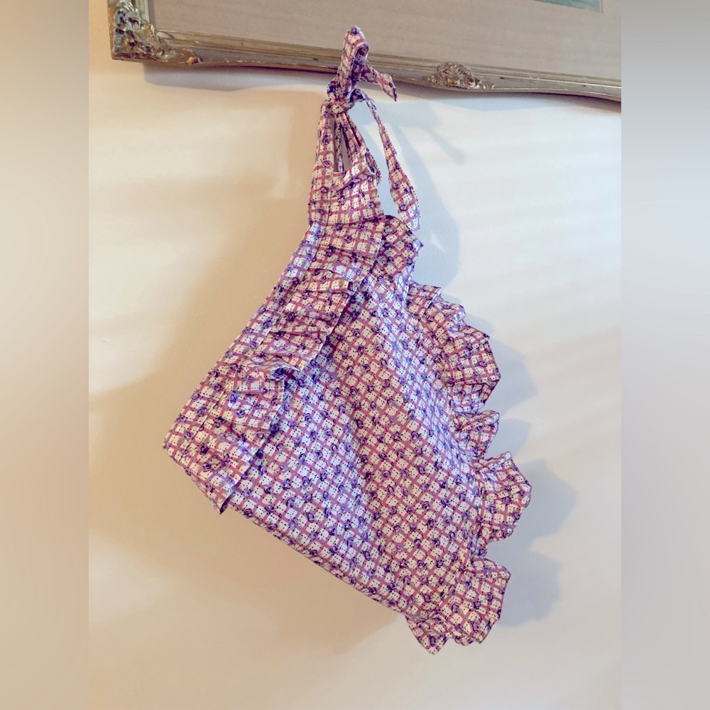 Vintage Handmade Half Purple Roses and Pink Gingham Ruffle Apron Cottagecore